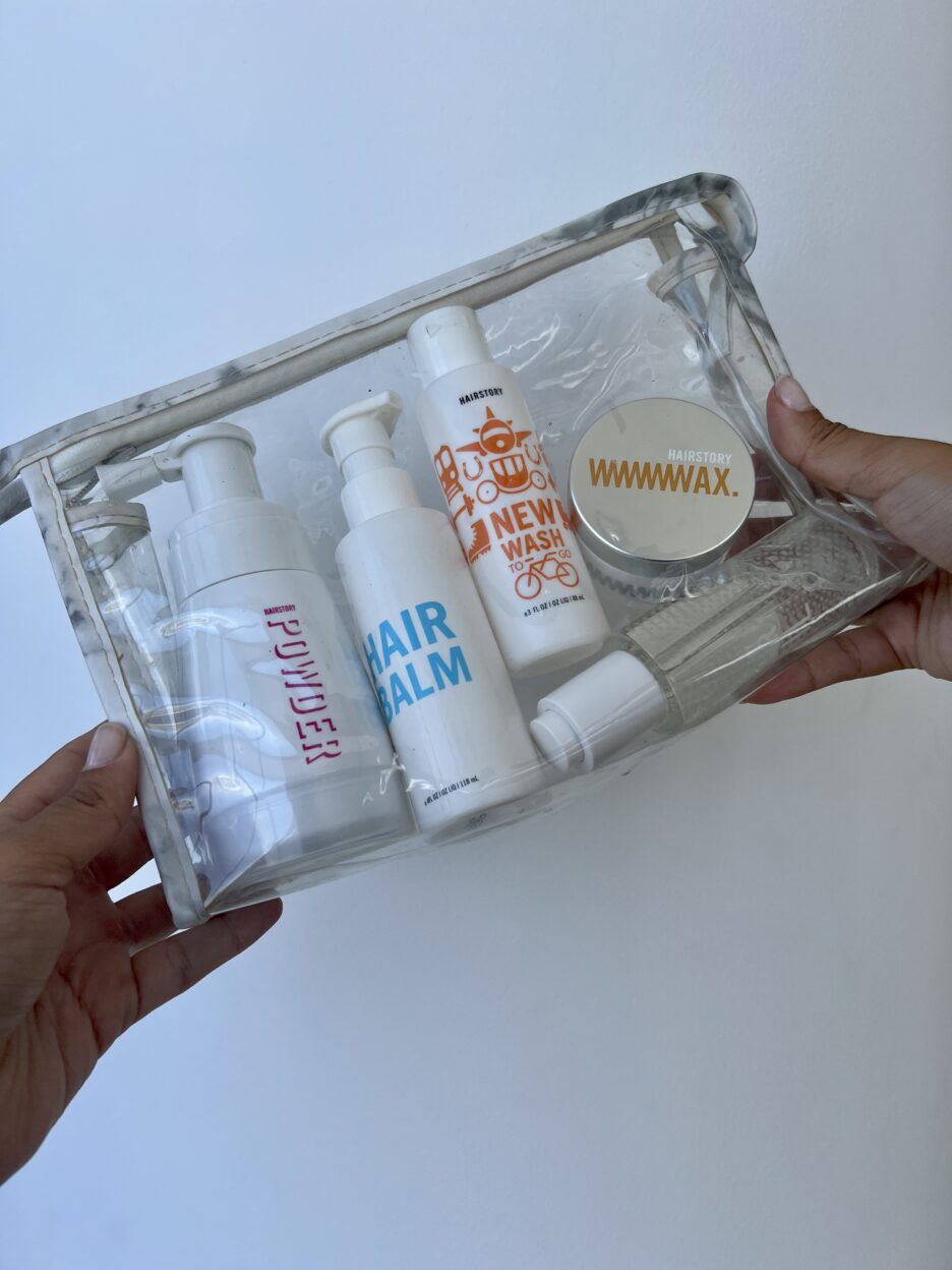 Hair products in a clear bag